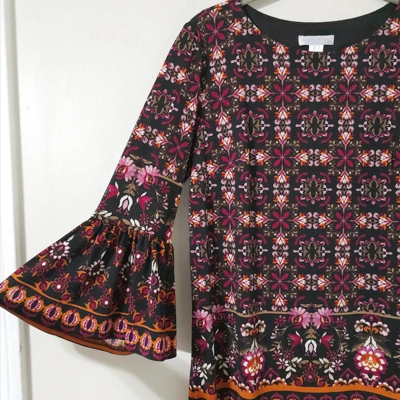 LONDON TIMES Dark Multi Color Boho Mini Shift Dress, 3/4 Bell Sleeves, Size 2 - Picture 4 of 13
